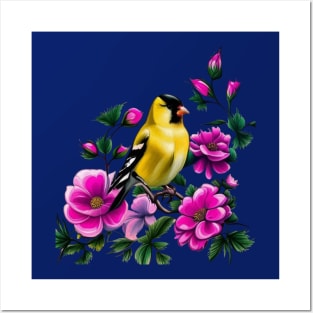 Goldfinch Surrounded By Pink Wild Roses Iowa State Tattoo Art Posters and Art